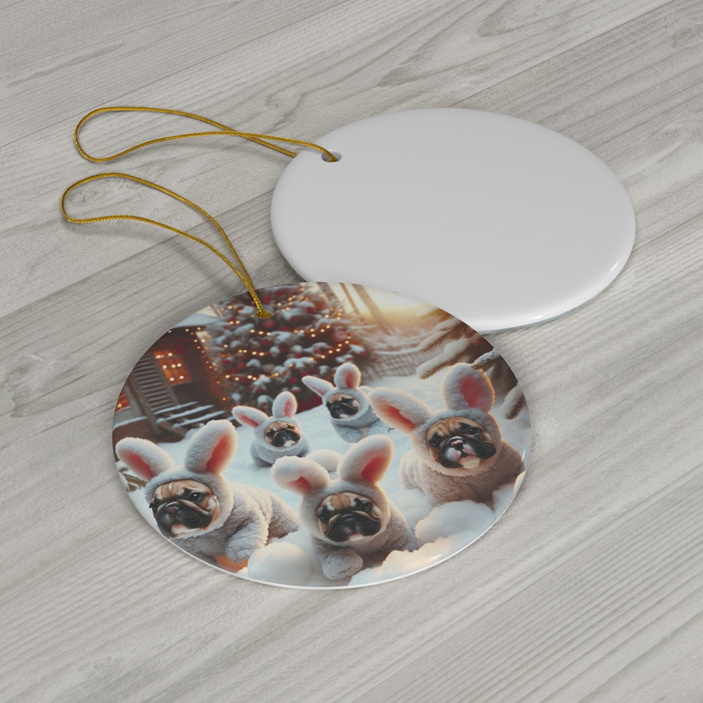 French Bulldog Bunny Rabbit Christmas- Ceramic Ornament, 4 Shapes