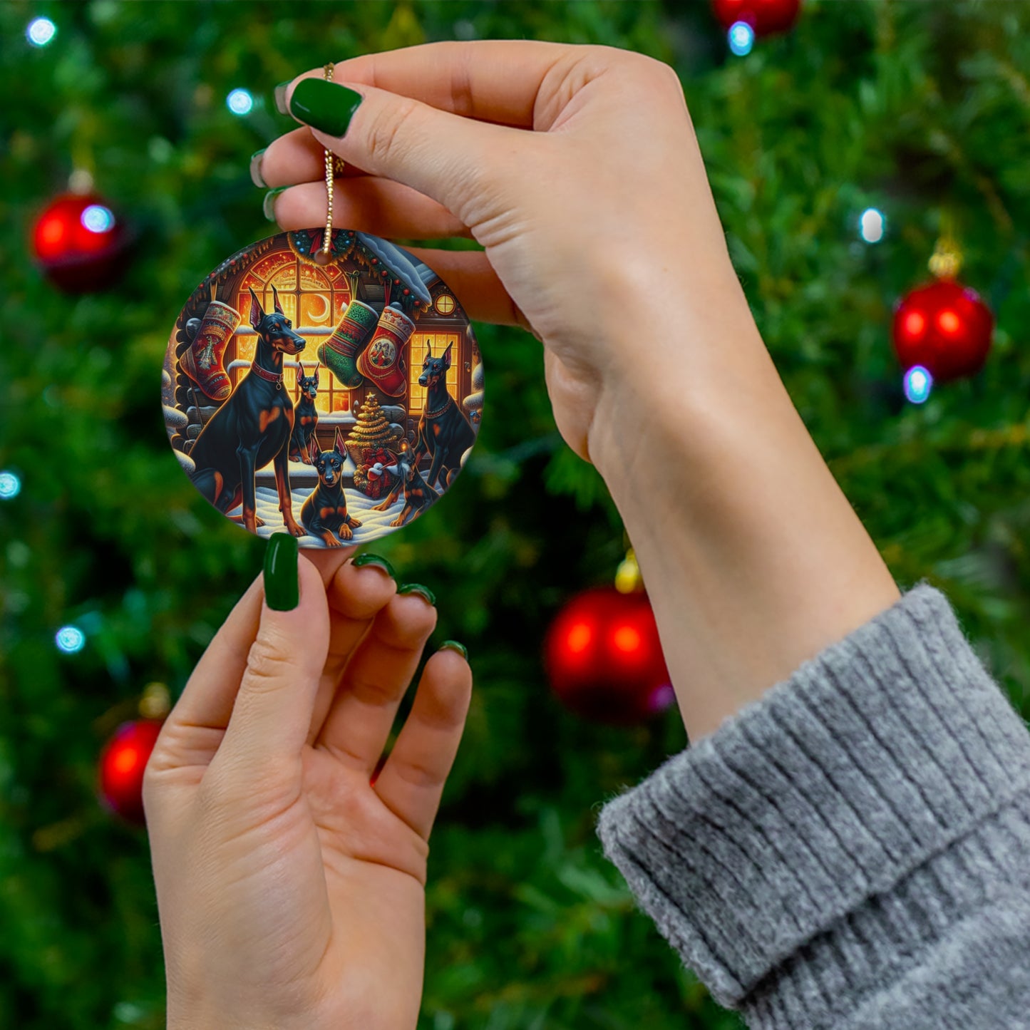 Doberman Christmas - Ceramic Ornament, 4 Shapes