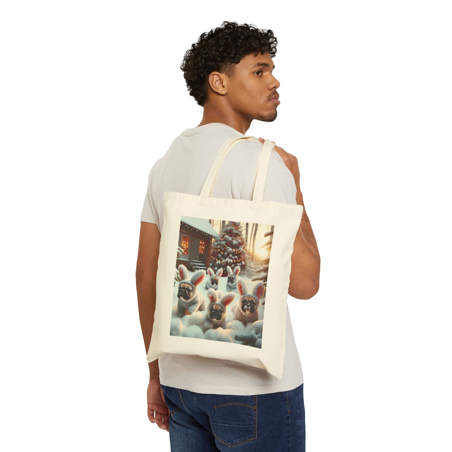 French Bulldog Bunny Rabbit Christmas- Cotton Canvas Tote Bag