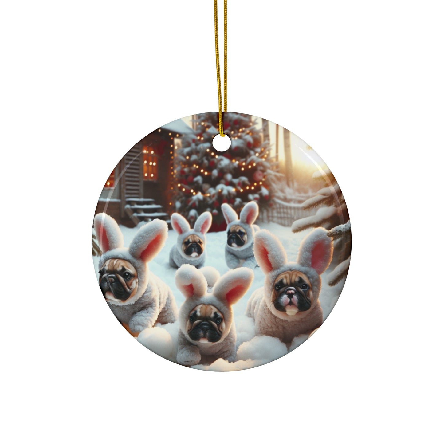 French Bulldog Bunny Rabbit Christmas- Ceramic Ornament, 4 Shapes